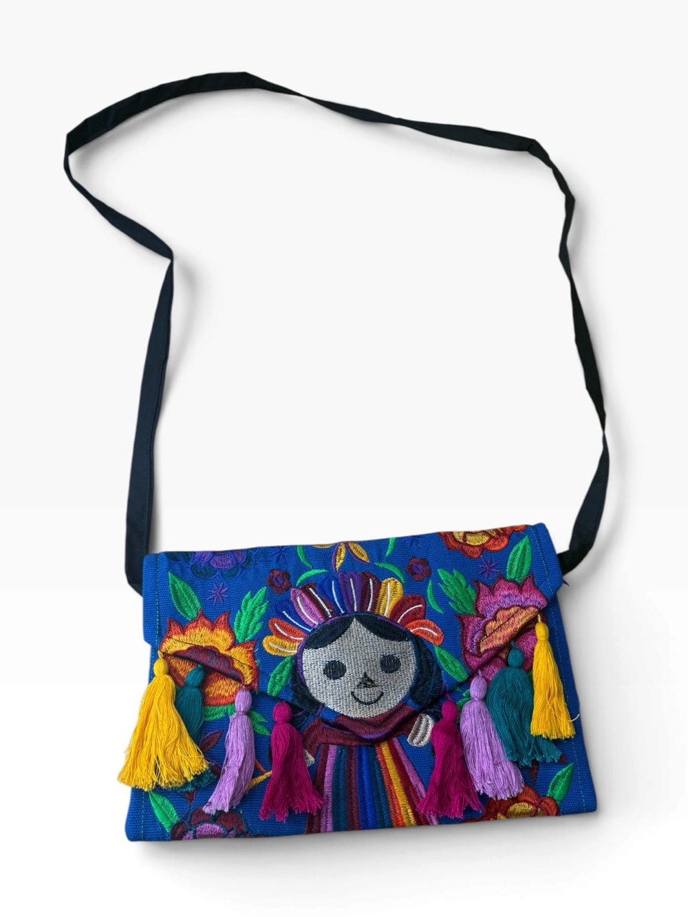 Mexican Embroidered Crossbody Bag Colorful Floral Tassel Artisan Purse